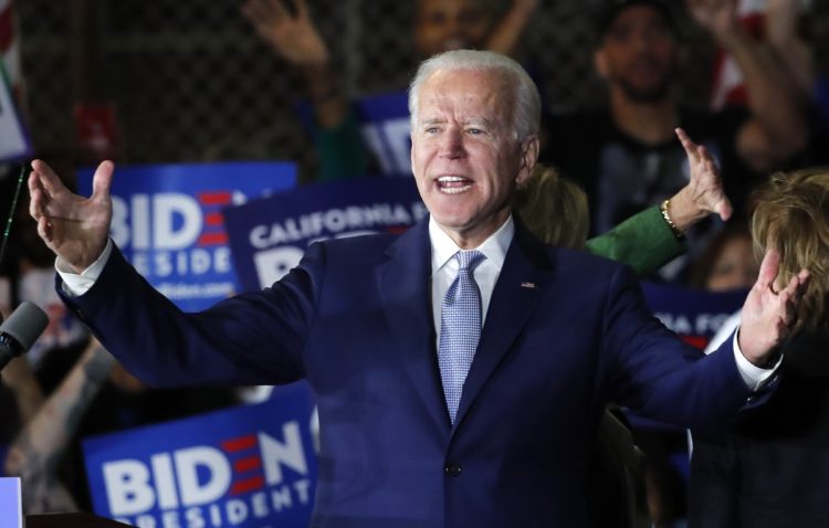 Democratic U.S. presidential candidate and former Vice President Joe Biden addresses supporters at his Super Tuesday night rally in Los Angeles, California, U.S., March 3, 2020. REUTERS/Mike Blake