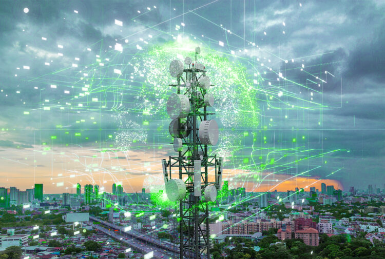 Telecommunication tower with 5G cellular network antenna on city background, Global connection and internet network concept