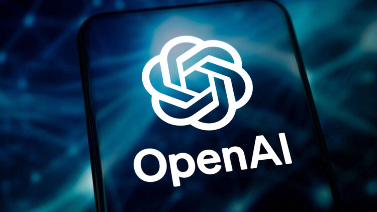 3DYWFW2 Paris, France - January 16, 2026: The OpenAI logo displayed on a smartphone screen against a blue digital neural network background.